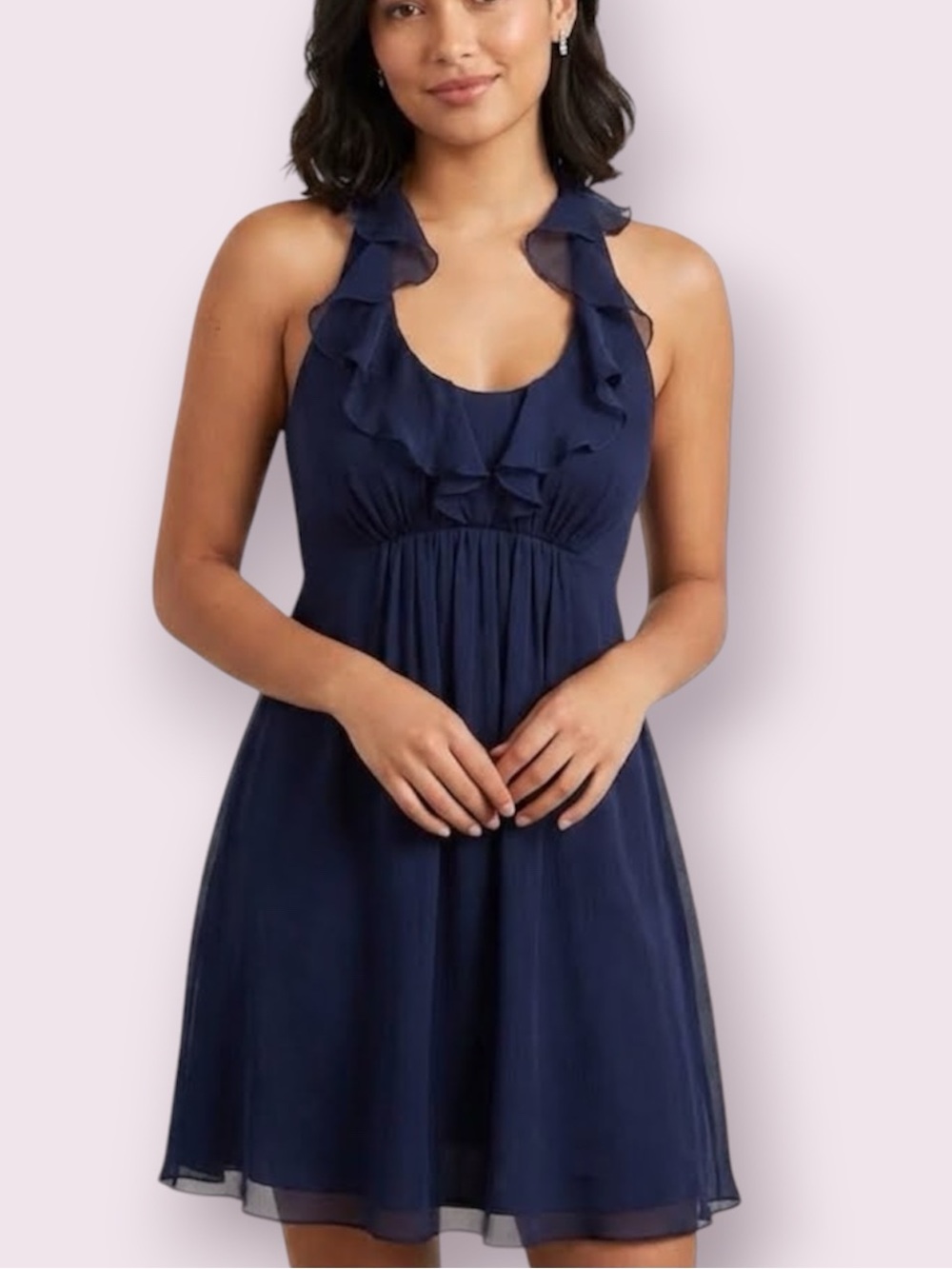 Amsale Halter 100% Silk Ruffle Neck Mini Cocktail Dress Midnight Blue Size 4